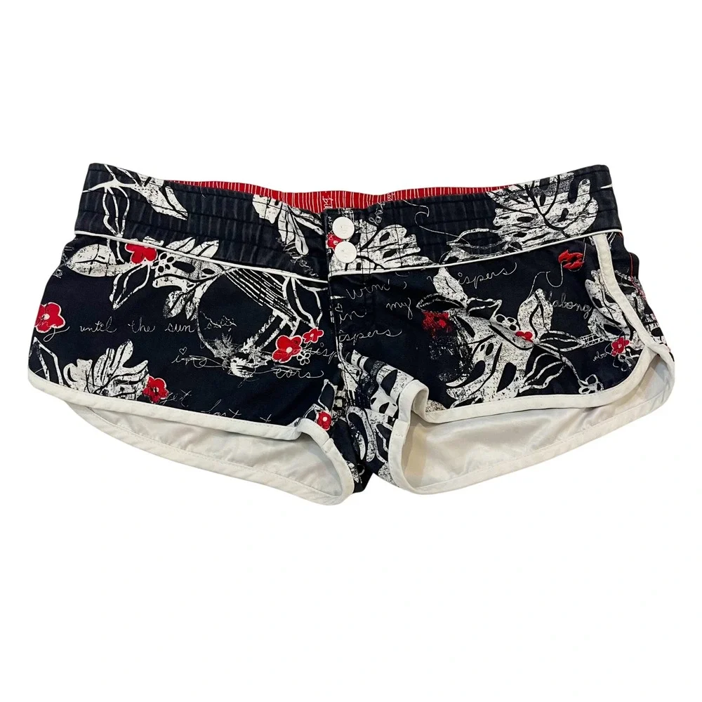 Vintage Billabong Low Rise Micro Board Shorts Black Floral Tropical Y2K SMALL